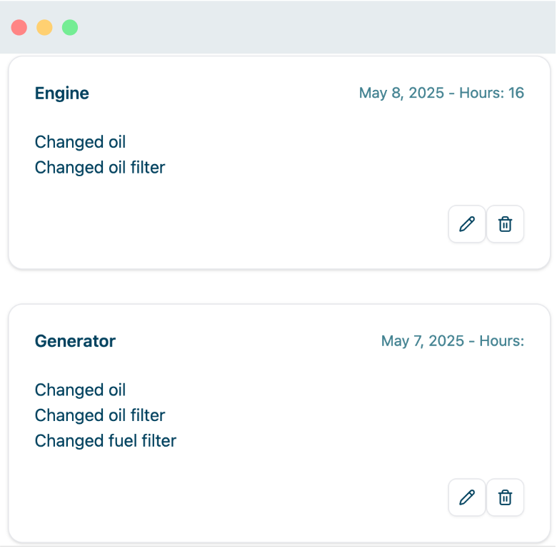 Maintenance tracking dashboard with service schedules and repair logs