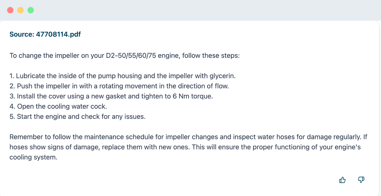 AI-powered manual search interface showing search results and summaries
